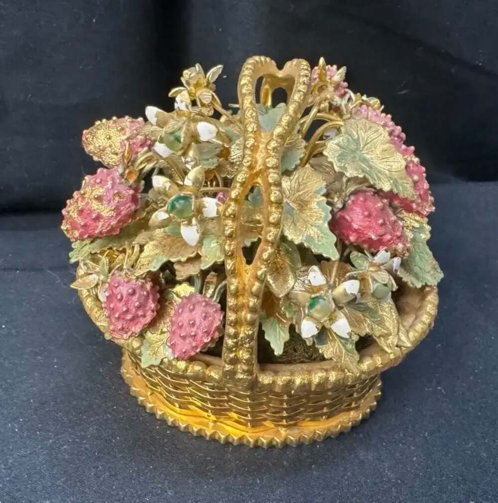Jane Hutcheson Gorham Fleurs des Siecles Enameled Metal Strawberry Flower Basket